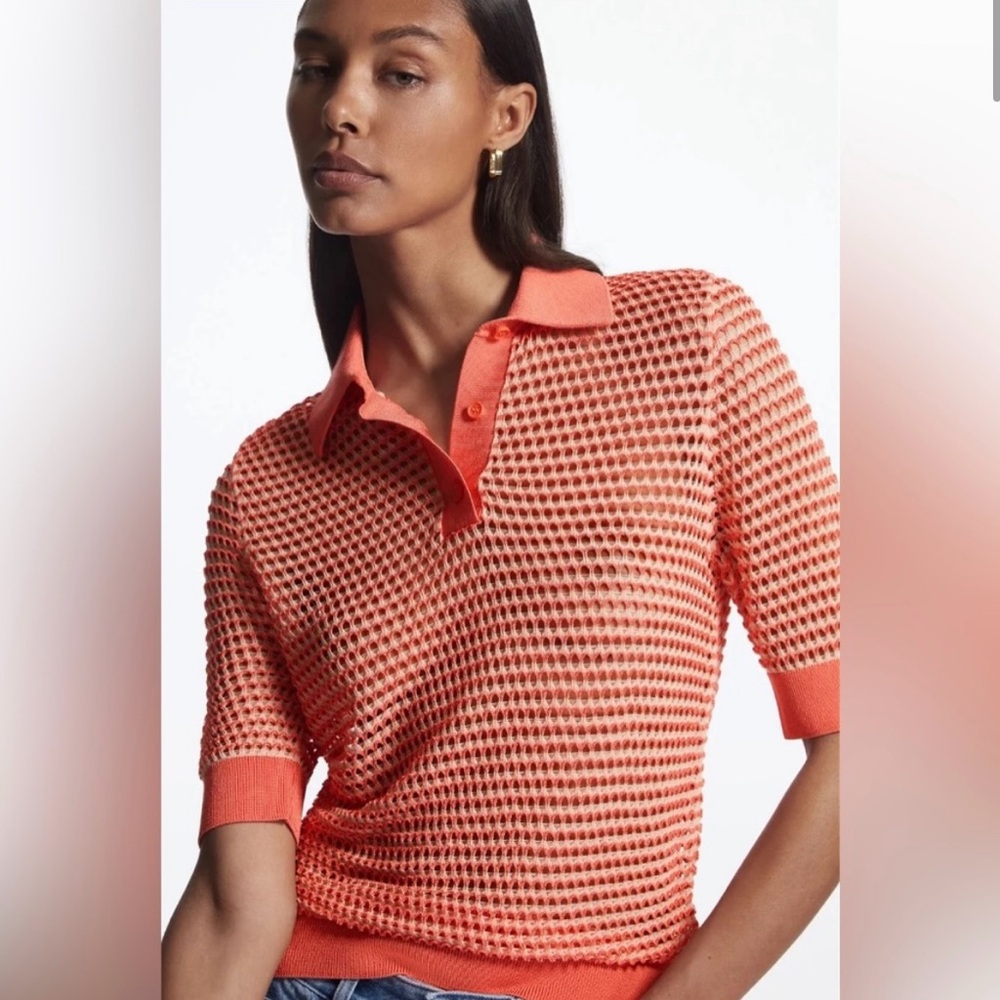 COS Orange Crochet Knit Pullover Collared Top Size S - Picture 1 of 8